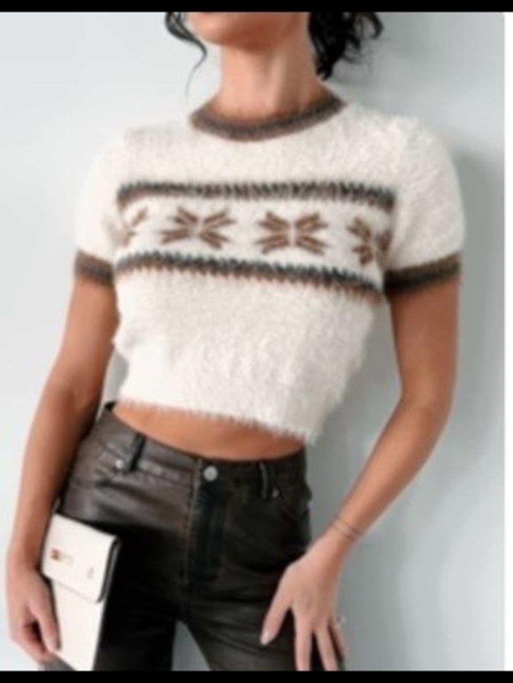 Promesa Cream Fuzzy Cropped Fair Isle Sweater Top with Brown Trim